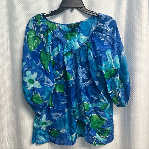 Ralph Lauren Blue and Green Floral 100% Silk Blouse Large classic coastal - Picture 1 of 6